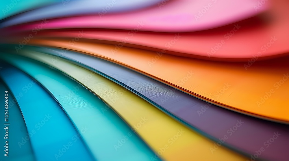 Poster vibrant curved layers of colorful paper create abstract rainbow waves with soft shadows and depth, s