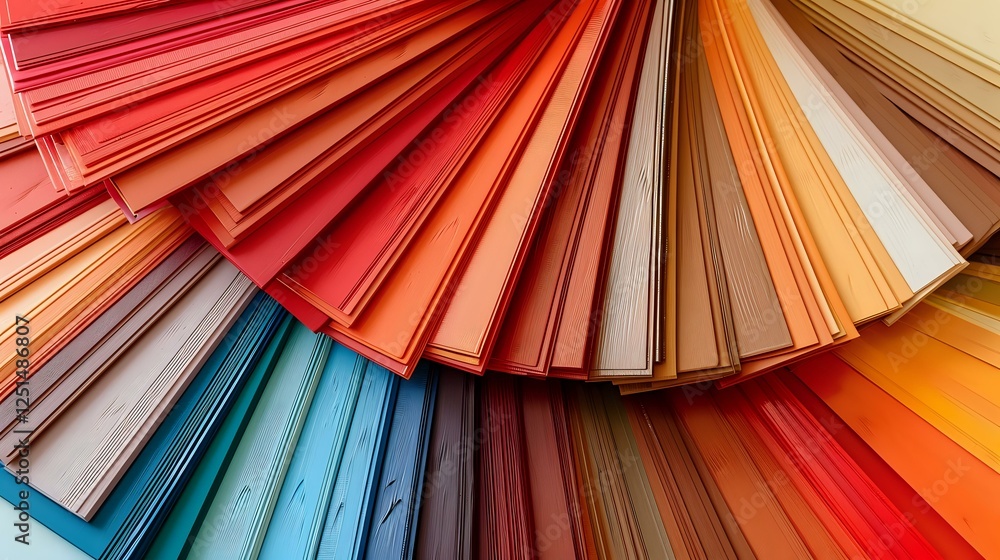 Poster vibrant color swatch fan displaying spectrum of paint samples arranged in gradient pattern from red 