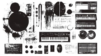 Obraz premium Abstract Digital Music Production Equipment and Symbols