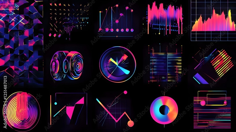 Poster Abstract Futuristic Neon Waveform and Data Visualization Arrangement with Pulsing Rhythmic Patterns