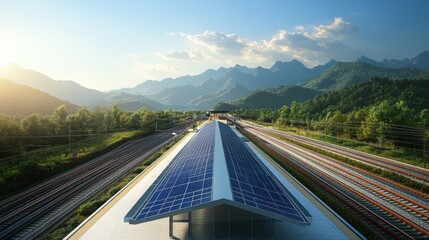 A train is passing by a solar paneled platform