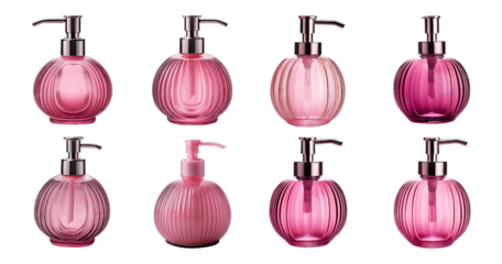 Elegant Pink Soap Dispensers Set on White Background for Decor, isolated on transparent background