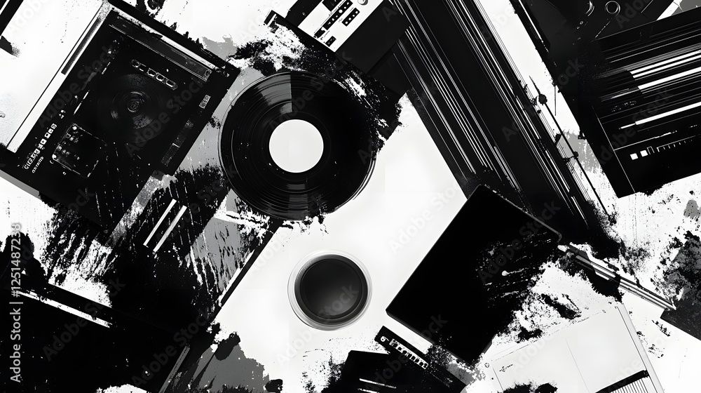Poster Abstract Geometric Monochrome Digital Art Pattern with Circles and Shapes