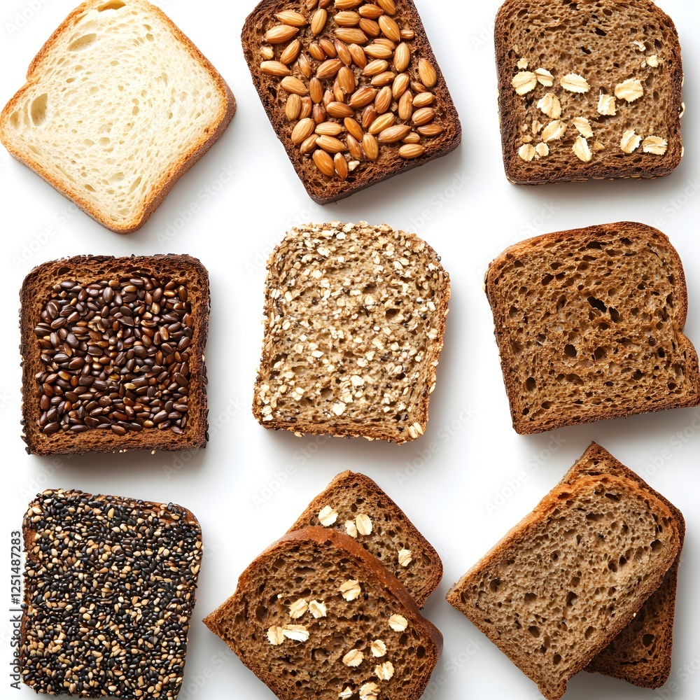 Poster assortment of delicious sliced bread varieties displayed on a clean white background overhead view