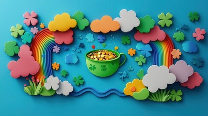Naklejka premium A fun and interactive mural of a treasure map leading to a pot of gold, surrounded by clovers, rainbows, and playful leprechaun footprints