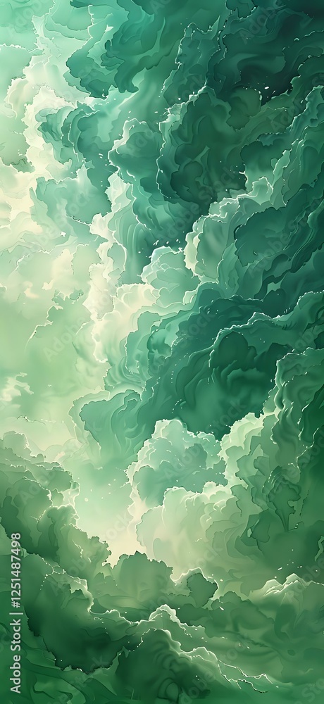Poster ethereal emerald clouds swirling in dramatic patterns create atmospheric depth with light and dark c