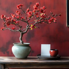 Red Blossom Bonsai in Rustic Setting with Blank Cards