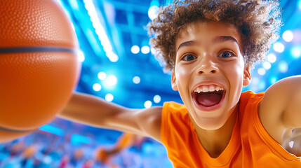 A young boy joyfully holds a basketball, showcasing enthusiasm during a game in a bright gymnasium. His vibrant orange jersey highlights the energetic atmosphere of the event