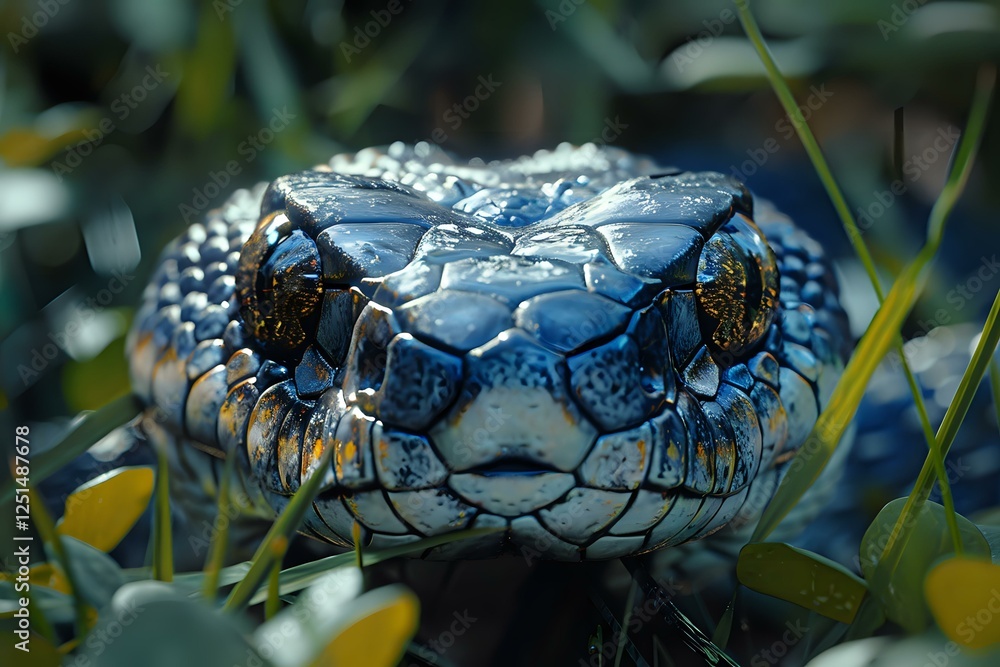 Poster close-up macro photograph of blue python snake head with detailed scales and piercing eyes among gre