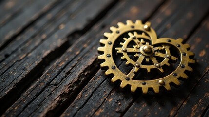 Fototapeta premium A golden heart-shaped gear mechanism rests on aged dark wood