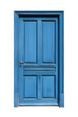 Classic molded framed entry wooden blue door, isolated on white background