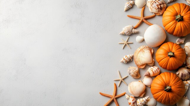 A cozy arrangement of pumpkins and seashells on a neutral background, blending autumn and coastal themes.