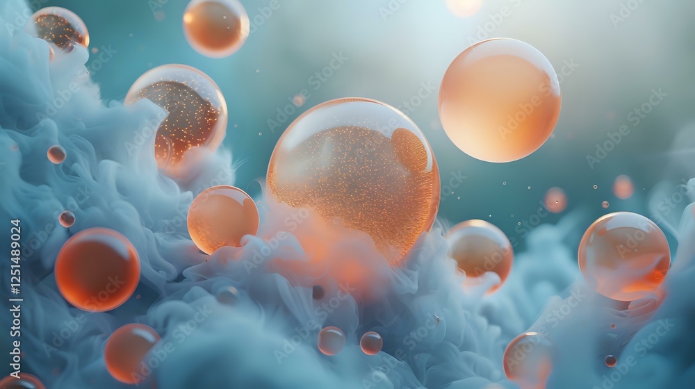 Poster glowing orange spheres floating in misty blue clouds create dreamy atmospheric composition, abstract