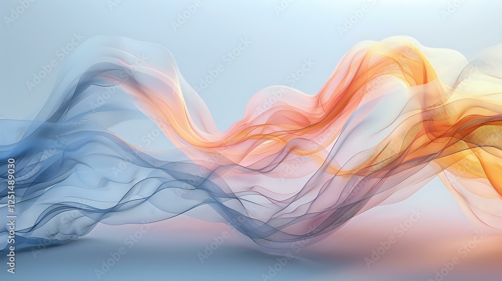 Poster Ethereal waves of orange and blue smoke create dynamic flowing lines against soft gradient background, abstract artistic composition for modern design projects.