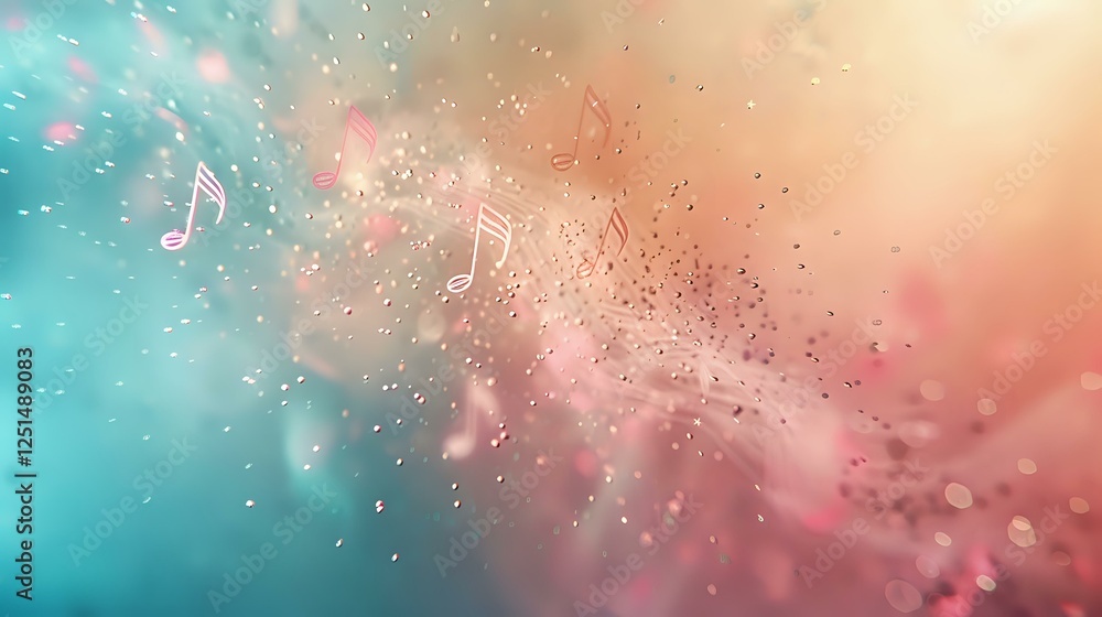 Poster musical notes floating in dreamy turquoise and coral pink bokeh background with sparkling particles 