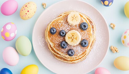 A kid-friendly bunny pancake breakfast with blueberries and bananas, surrounded by pastel polka-dotted eggs on a clean white table.