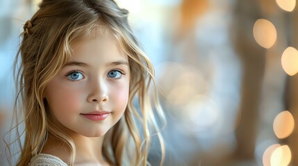 Obraz premium Young Caucasian girl with blue eyes and light brown hair smiling gently against blurred bokeh lights background, natural soft portrait with dreamy atmosphere.