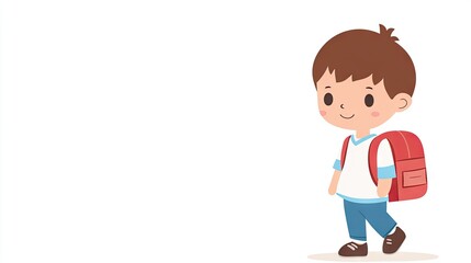 Cartoon boy with backpack, walking, simple background, education, illustration