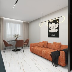 A modern, stylish living-dining space with a bold orange sofa, marble flooring, brown chairs, a black round table, elegant lighting, and a cozy yet sophisticated ambiance
