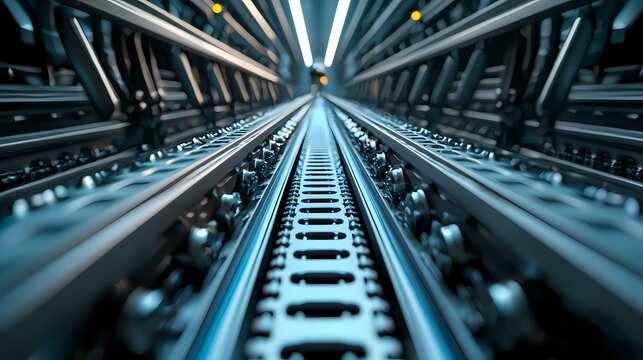 A close-up view of a metal rail system, showcasing parallel tracks illuminated by overhead lights in a modern industrial setting.