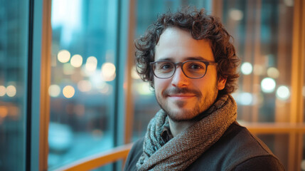 An attractive man with curly hair and glasses enjoys a moment indoors, showcasing a warm smile with a city skyline behind him