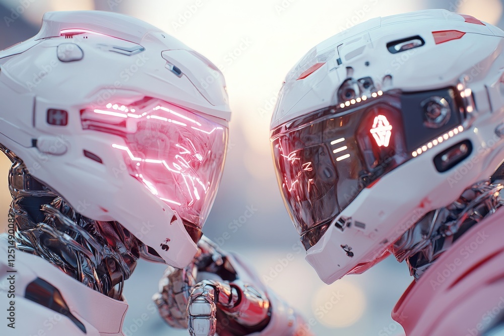 Poster Futuristic robots engage in a friendly confrontation under soft lighting in a high-tech environment