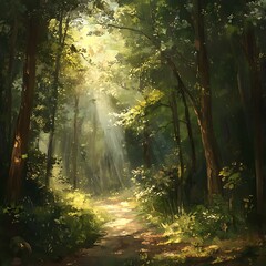 Obraz premium soft light rays illuminate the thriving jungle's lush green foliage image