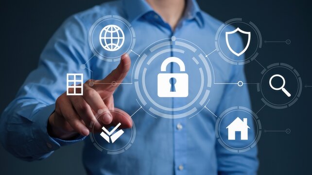 Cybersecurity and Data Protection:  A Man Interacts with a Digital Interface Showing Security Measures,  Protecting Digital Assets and Privacy.