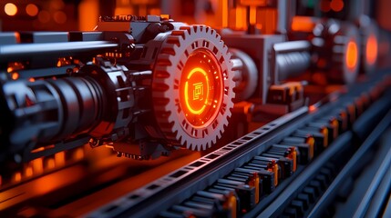 Fototapeta premium A close-up of a mechanical assembly featuring glowing gears and components, showcasing advanced technology in a futuristic setting.