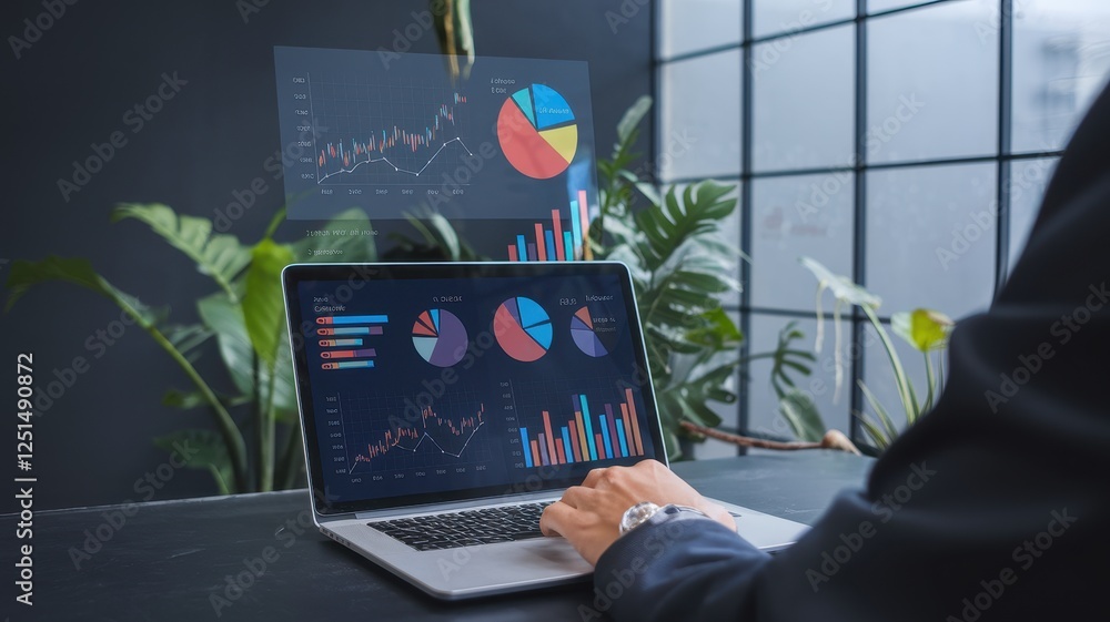 Poster business analyst working on data charts and graphs on laptop