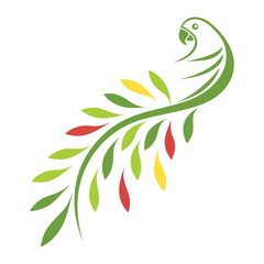  a parrot with tail feathers made from colorful leaves.