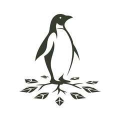  a penguin standing on icy leaves