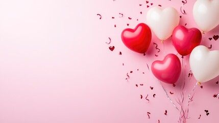 Elegant red and white heart-shaped balloons with confetti and ribbons on a soft pink background. Perfect for Valentine’s Day promotions, romantic events, or festive designs