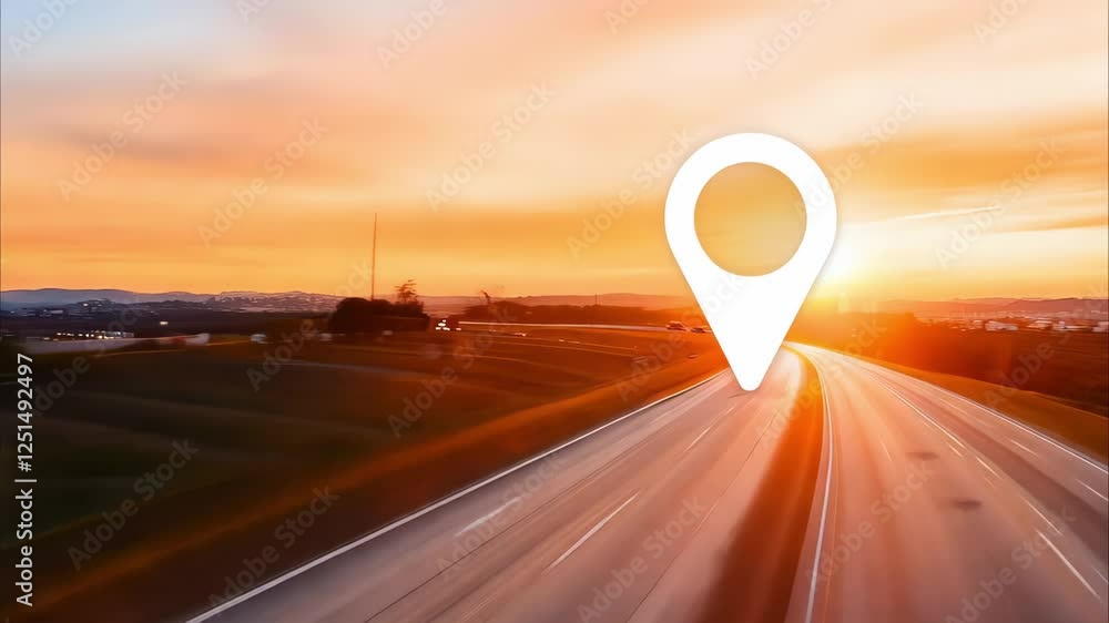 Poster a sunset view of a highway with a location marker symbol superimposed.