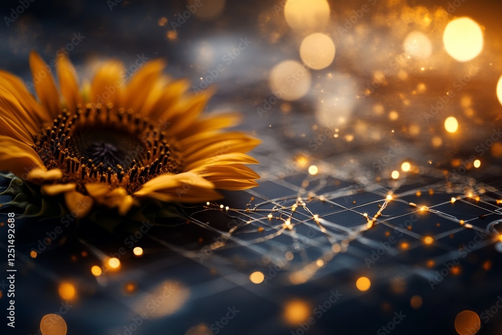 Poster bright sunflower with glowing bokeh and intricate web pattern create a stunning visual in warm tones