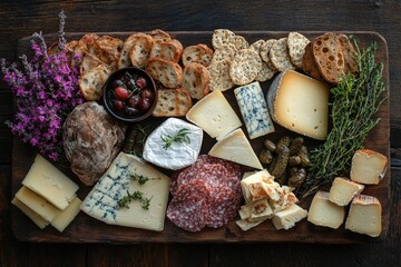 Gourmet Cheese Board with Bread Crackers and Accompaniments on Rustic Wooden Surface