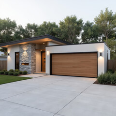 Modern house exterior with stone accents, garage, and landscaped yard