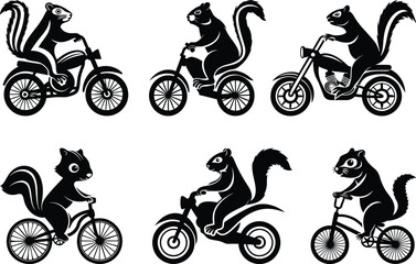 Eastern Chipmunk or Squirrel riding a motorcycle cartoon vector illustration and silhouette and line art design set