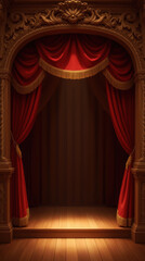 grand theater stage with red curtains and wooden flooring, inviting performance