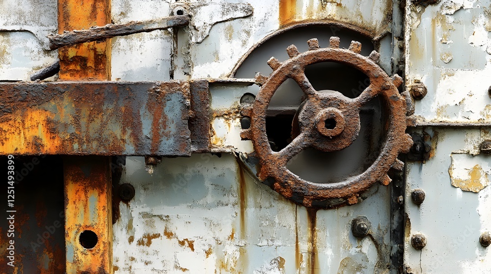 Aufkleber aged and weathered industrial machinery with intricate gears and cogs in a dilapidated abandoned fac