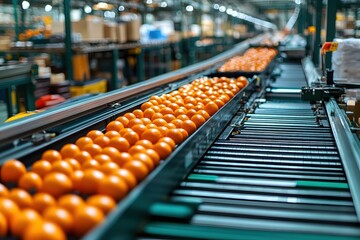 Obraz premium Conveyor Belt of Fresh Oranges in a Modern Factory Setting Conveying Fruit for Processing