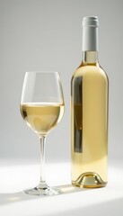 Elegant white wine glass, crisp bottle, white backdrop, riesling, beverage, refreshing