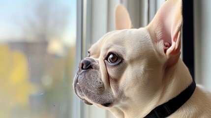 Portrait of a French bulldog with a light coat looking out the window, sad
