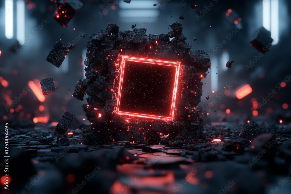 Poster abstract futuristic cube surrounded by glowing particles in a dark environment