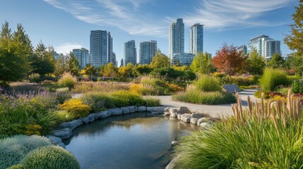 Fototapeta premium A city park with a pond and a large city in the background