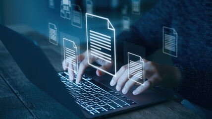 Digital Document Management:  A Person Working on a Laptop with Holographic Documents