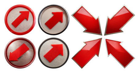 Red Directional Arrows on Circular Backgrounds for Navigation Use, isolated on transparent background