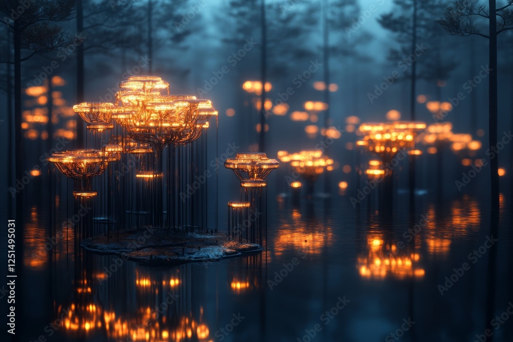 Poster glowing trees illuminate a serene forest at dusk, creating a magical atmosphere with reflections on 