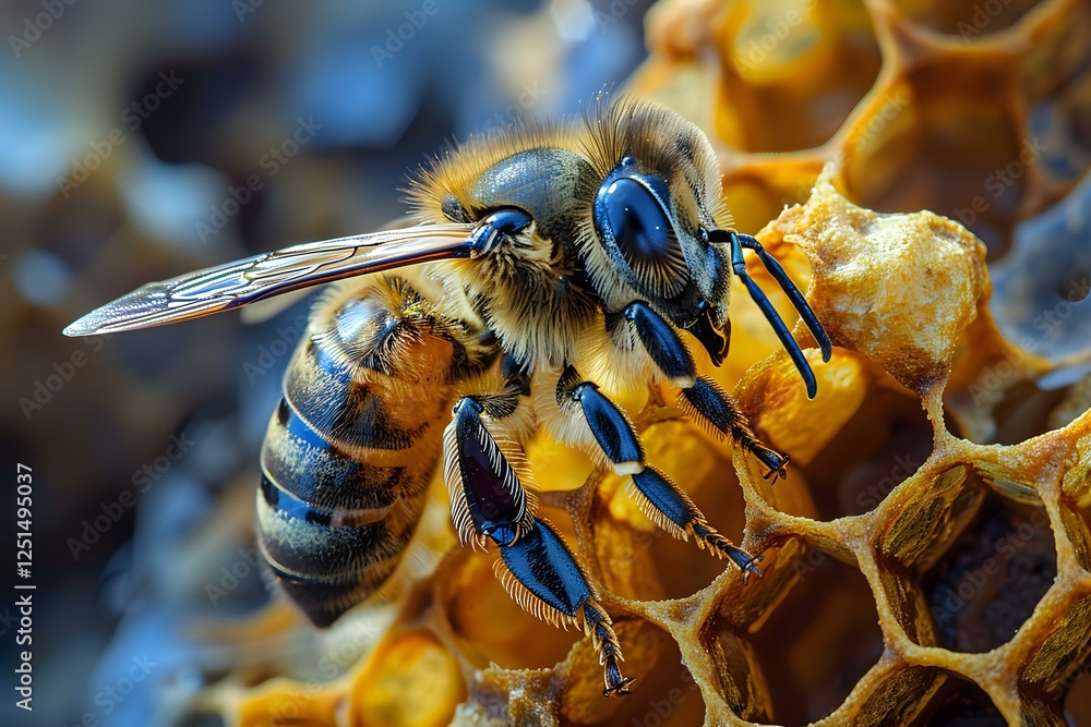 Poster macro shot of honey bee collecting nectar from honeycomb cells, showing detailed wing structure, com