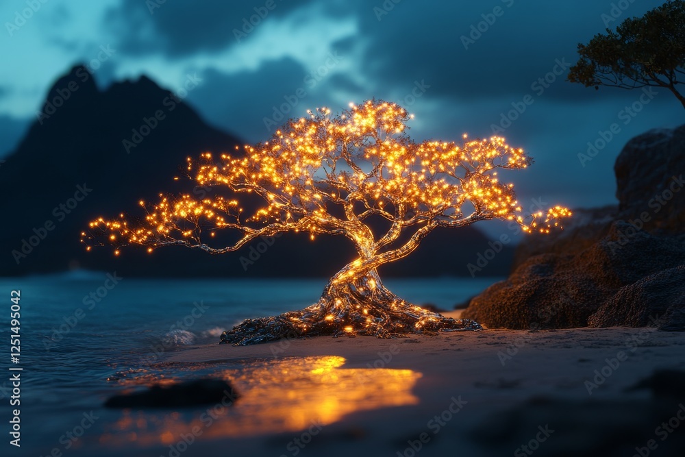 Poster artistic illuminated tree stands by the shore with mountains in the background during twilight